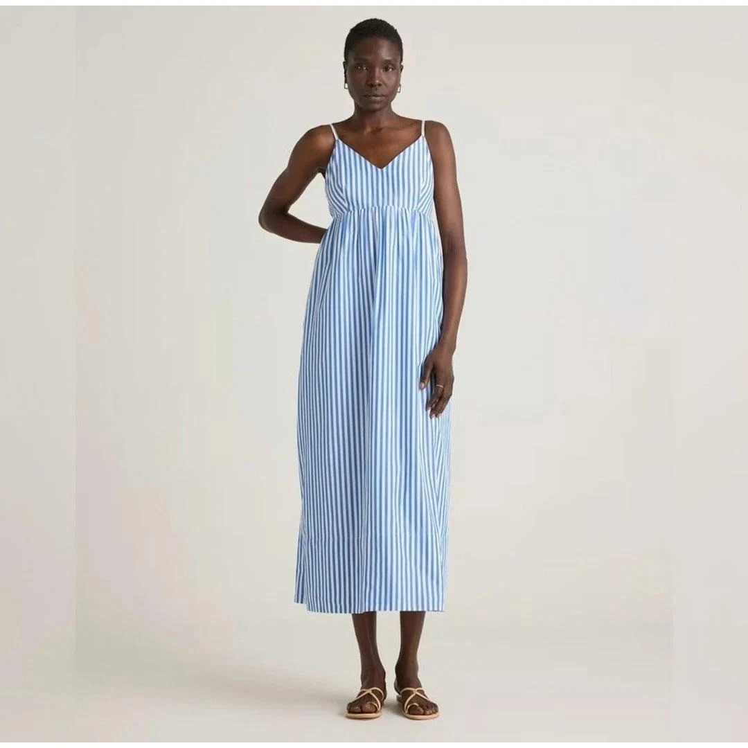 chinese dress ladies White and Dusty Blue Striped Sleeveless Maxi Dress