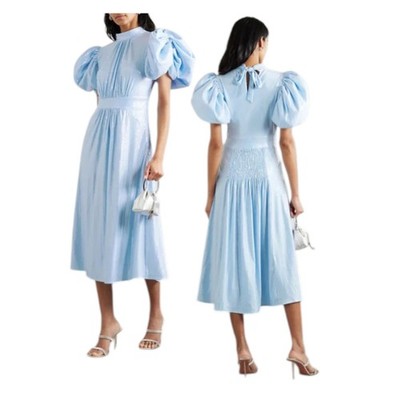 ROTATE Birger Christensen Pailletten Midikleid blau Puffärmel Anlass UK 12 neu mit Etikett