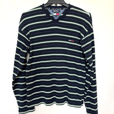 Vintage 90's Tommy Hilfiger Sweater Mens Size XL Strip Navy White Cotton Preppy