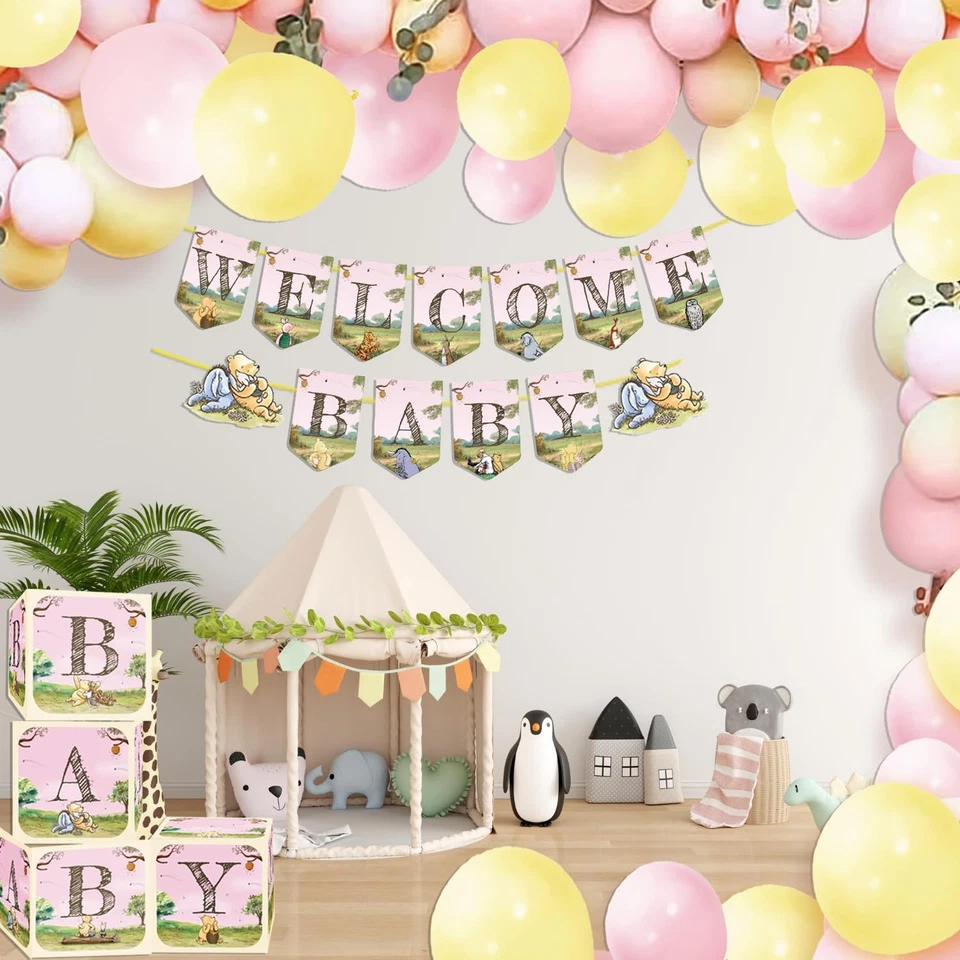 Decoraciones Winnie The Pooh rosa y dorado para globos de baby shower telón de fondo niña Foto 2 de 4
