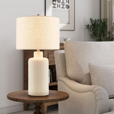 25.25 In. Cream Contemporary Ceramic Table Lamp for Living Room with Beige Linen