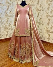 Classic Look Heavy Chinnon Silk Top Palazzo And Dusty Pink Dupatta For Reception