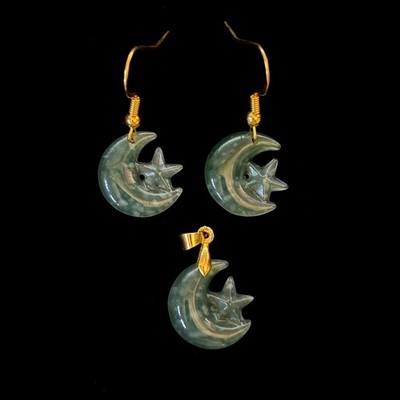Set of Hi-grade Natural Green Jade Jadeite 'Moon-Star' Earrings Pendant 16x16mm