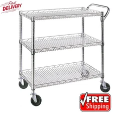 3 Tier Commercial Rolling Utility Cart Stainless Steel Adjustable Kitchen Office