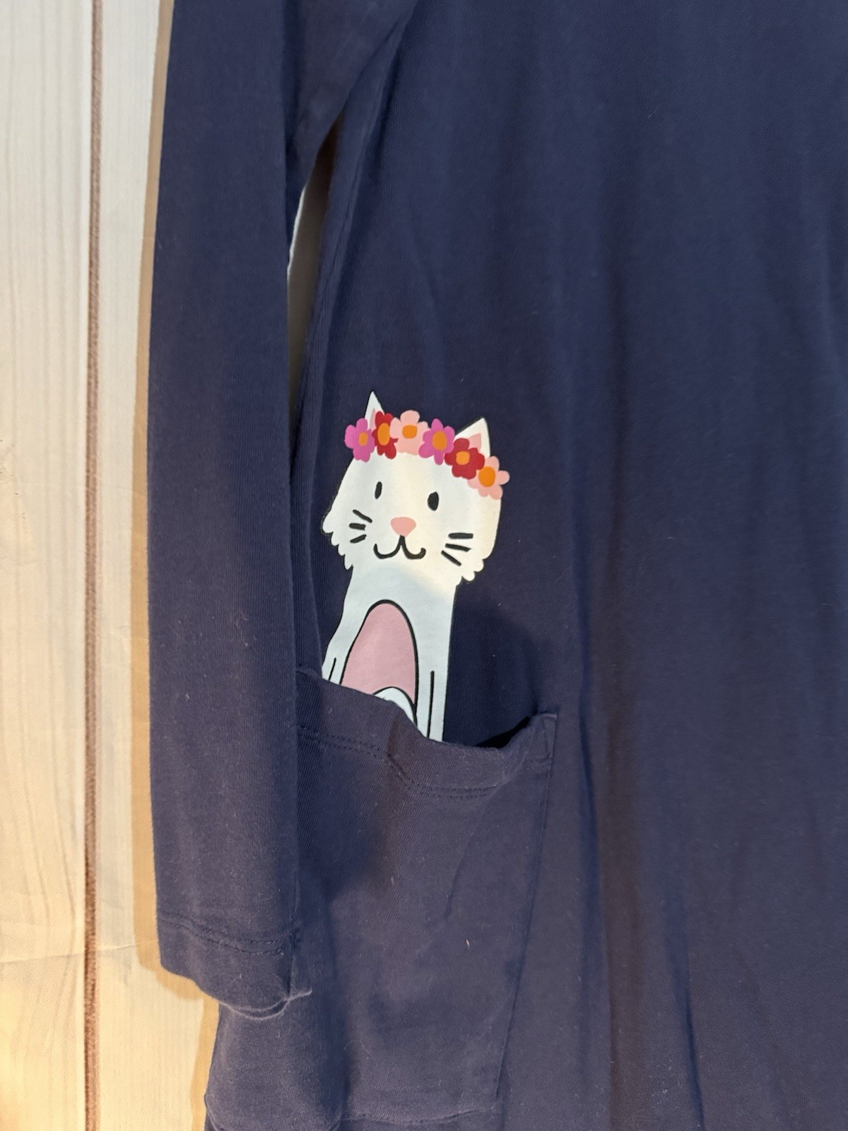 Hanna Andersson Long Sleeve Navy Blue Cat In Pocket Dress Size 140