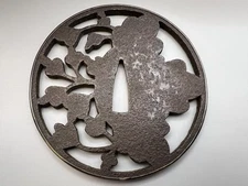 Muromachi Period Large Iron Tsuba Paulownia Design Silver Rim Armor Maker Box