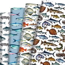 12 Sheets Fishing Gift Wrapping Paper 28x20 Inches, Colorful Deep Sea Fish Set