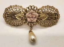Rare Vintage 1928 Jewelry Co Victorian Inspo Pink Rose With Pearl Hair Barrette