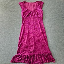 90s Y2K Magenta Burnout Velvet Floral Slip Midi Dress V-Neck Ruffle Hem Stretch