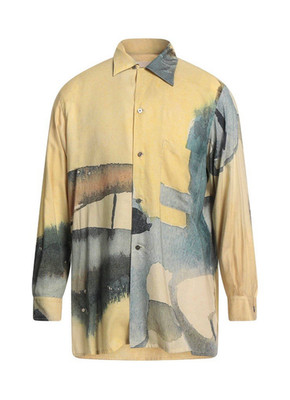 Yoke Men's M Regular Beige/Gray/Green Abstract Long Sleeve Button-Up Shirt