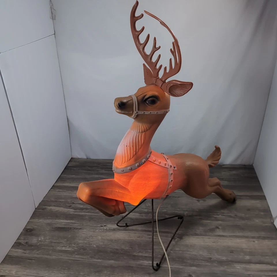 Vintage POLORON Christmas Santa Sleigh Reindeer Lighted Blow Mold W/Stand - Image 2 of 4