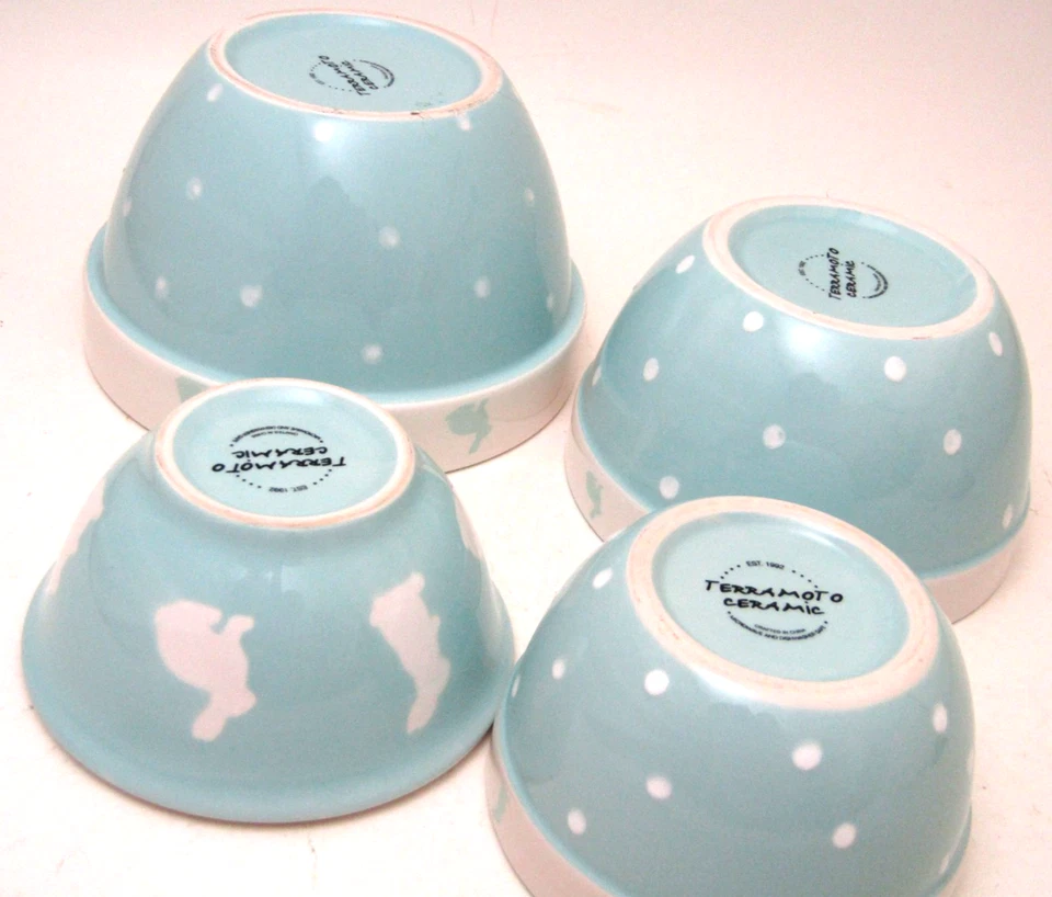 TERRAMOTO 3 Cuencos de Anidación Cerámica Azul Conejo Borde Blanco y Lunares Foto 4 de 4