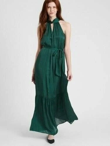 NWT Banana Republic $180 Green Twisted Halter Satin Maxi Cocktail