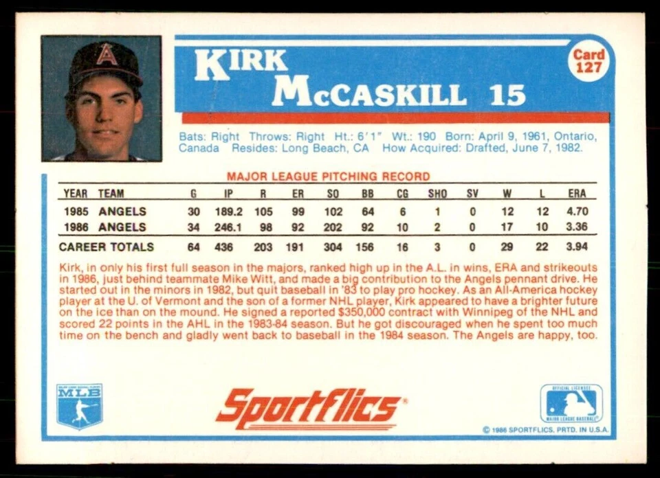 1987 Sportflics Kirk McCaskill Baseball Cards #127 - Image 2 of 2