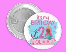 PERSONALIZED 2-1/4" BIRTHDAY BUTTON PIN PARTY FAVOR MERMAID DESIGN SET OF 2