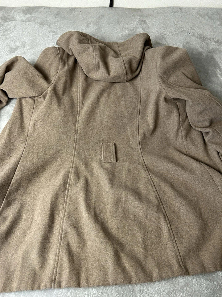 豌豆大衣女式大号棕色涤纶羊毛人造丝棕褐色双排扣连帽 — 第 3/4 张图片