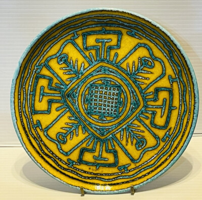 RARE Alessio Tasca Mancioli Raymor Yellow Turquoise Italian MCM Ceramic Plate 8 