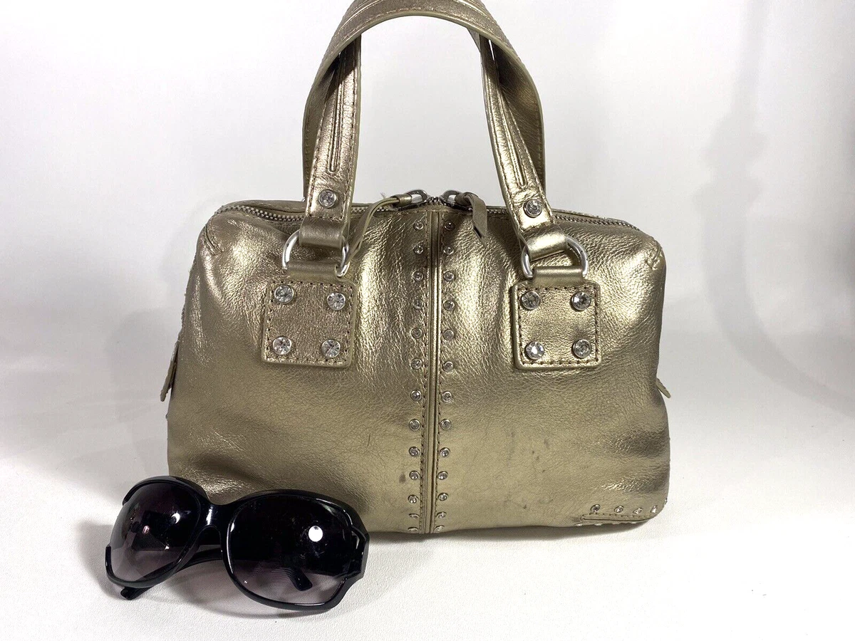 MICHAEL KORS Astor Gold Leather Rhinestone Studded Satchel Handbag Authentic