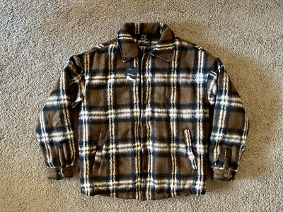 Size L - Maison Article Plaid Quilted Padded Jacket in Brown Faux Mohair New
