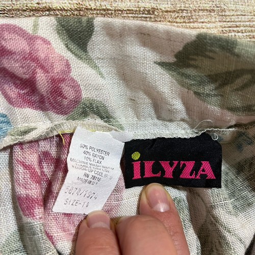 Falda plisada vintage para mujer 14 blanca floral mezcla de rayón lino EE. UU. rosa Ilyza - Imagen 4 de 5