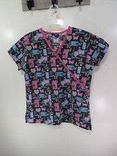 Womens Absolute Scrub Top Size S Black Pink Blue Butterflies Hearts Pockets