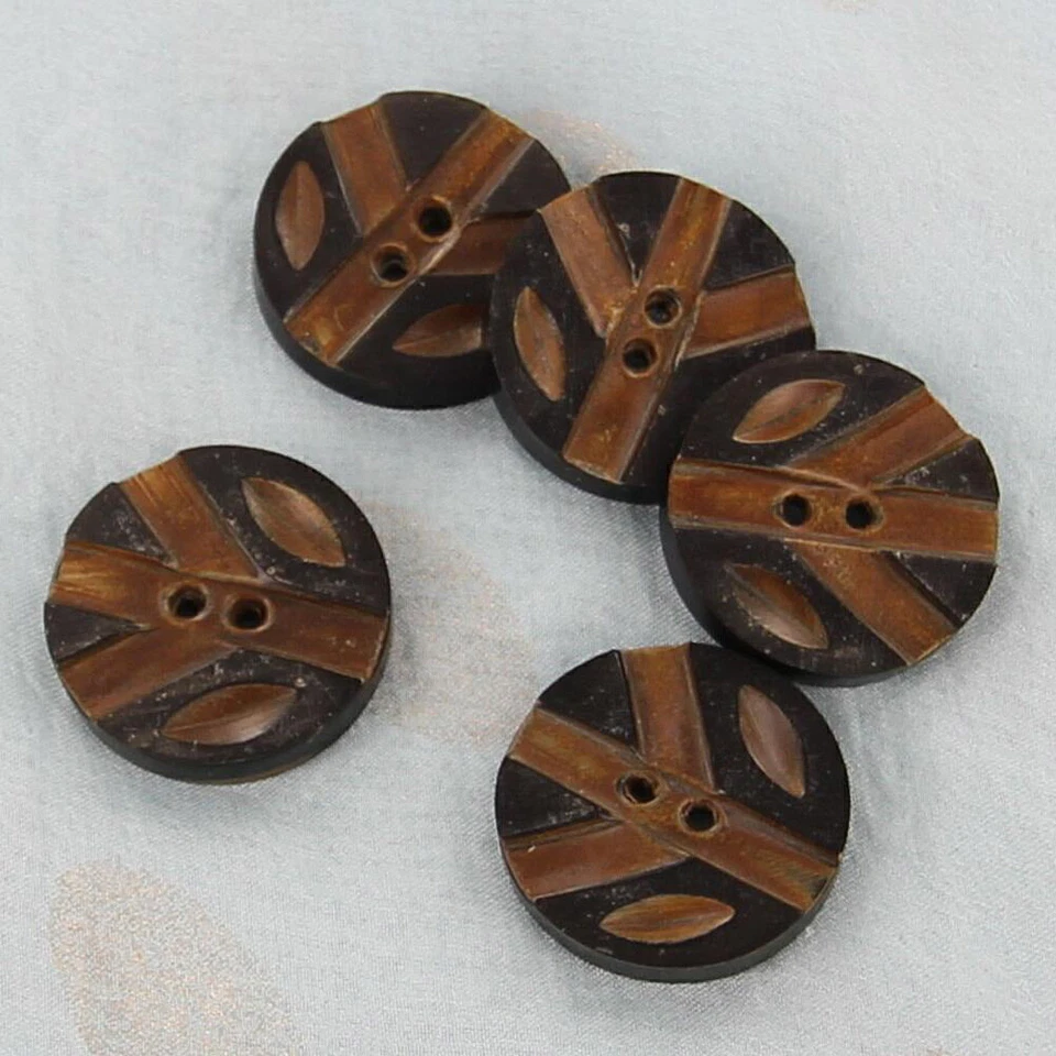 Lot of 5 Hand Carved Natural Tree Song Round Buttons Real Bovine Horn Set - Image 3 of 3