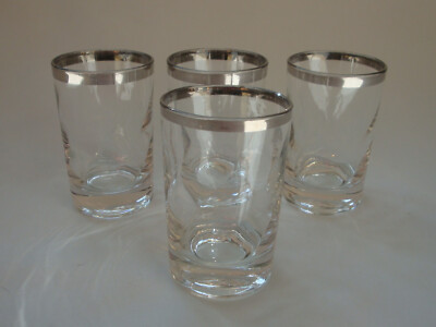Set of 4 Vintage MCM Thorpe Juice Glasses | Straight, Waved, Thin Silver Band