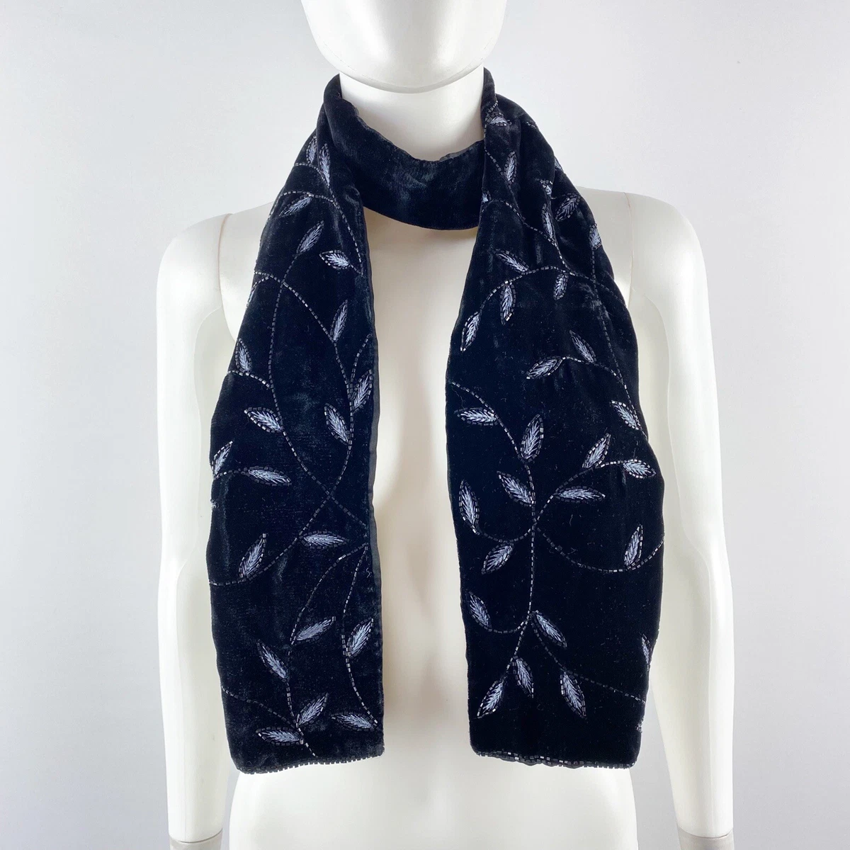 Cejon Accessories Black Embroidered Beaded Velvet Scarf Silk u0026 Rayon | eBay
