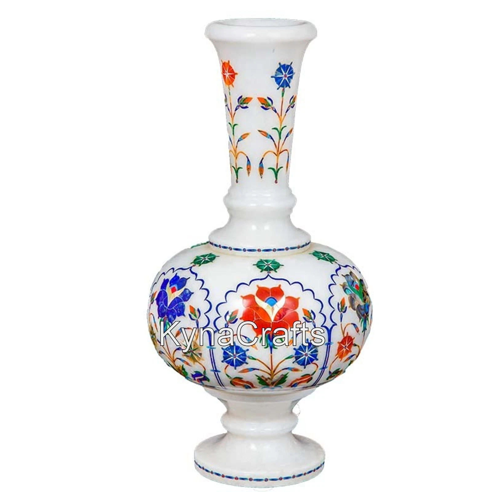 12 Inches Marble Flower Vase Multi Precious Stone Inlay Work Plantter for Lawn