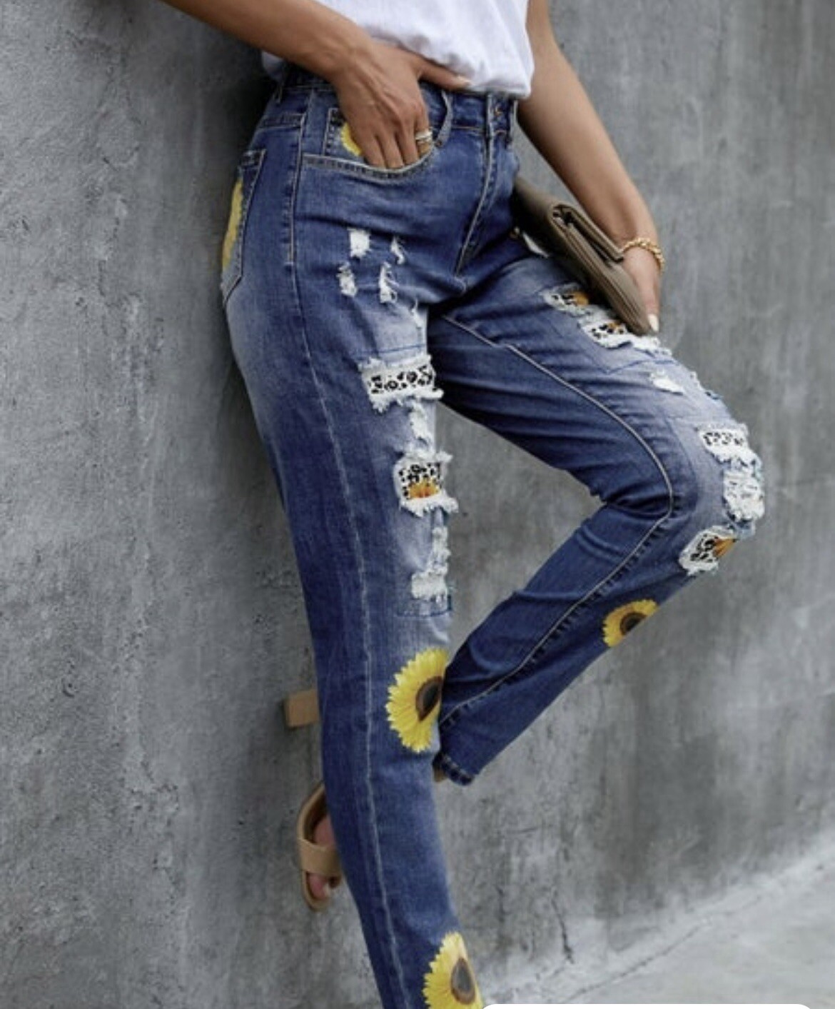 Leopard patchwork Sunflower Print Distressed High… - image 3