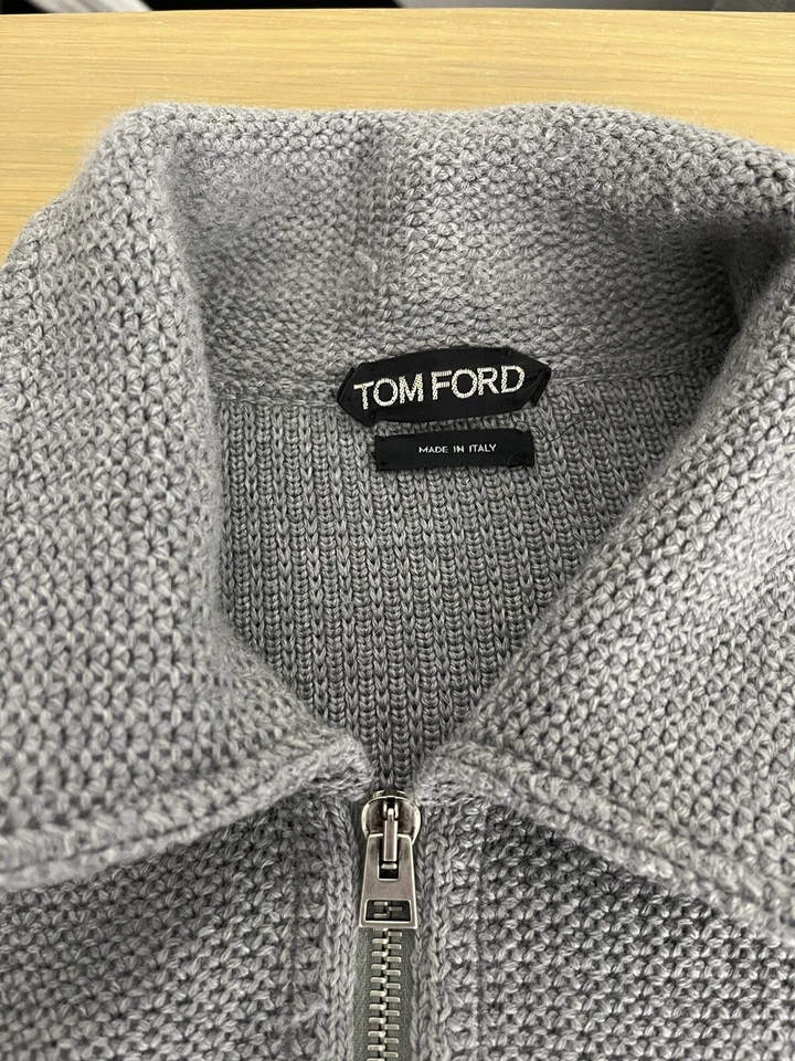2850 Tom Ford 60 Grey Shawl Sweater Cardigan Ribbed Suede Trim Brady XXL G2U - Image 3 of 4