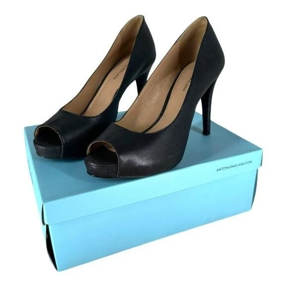Sexy Zapatos de salón Antonio Melani para mujer 10 Erika negros punta abierta de cuero Y2K oficina Foto 2 de 4