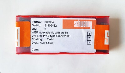 SCHWANOG WEP INDEXABLE TIP WITH PROFILE L=14,40 D=4,0 GRANIT 2000 Coat TiAIN 6PC