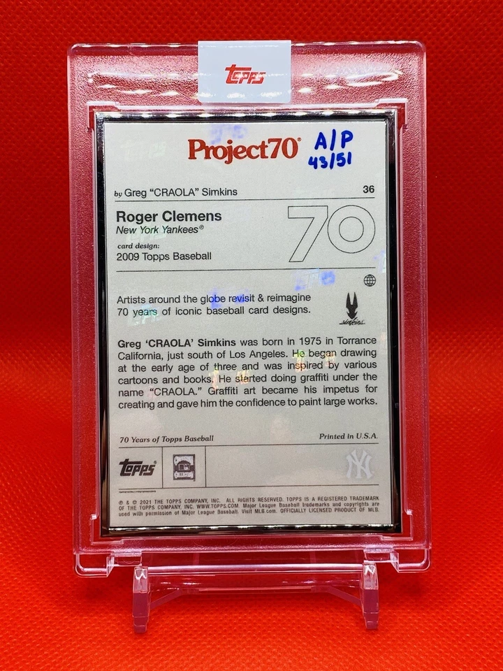 2021 Topps Project 70 Roger Clemens x CRAOLA Artist Proof # /51 AP Yankees - Image 2 of 2