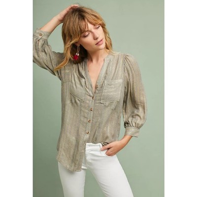 Anthropologie Akemi + Kin Itzel Metallic Long Sleeve Button Down Top Beige Sz 14