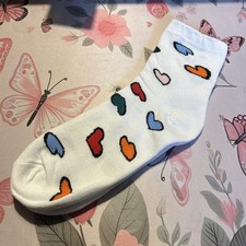 Pretty Multicoloured Heart Design White Ladies Socks Shoe Size 3/6 Gift