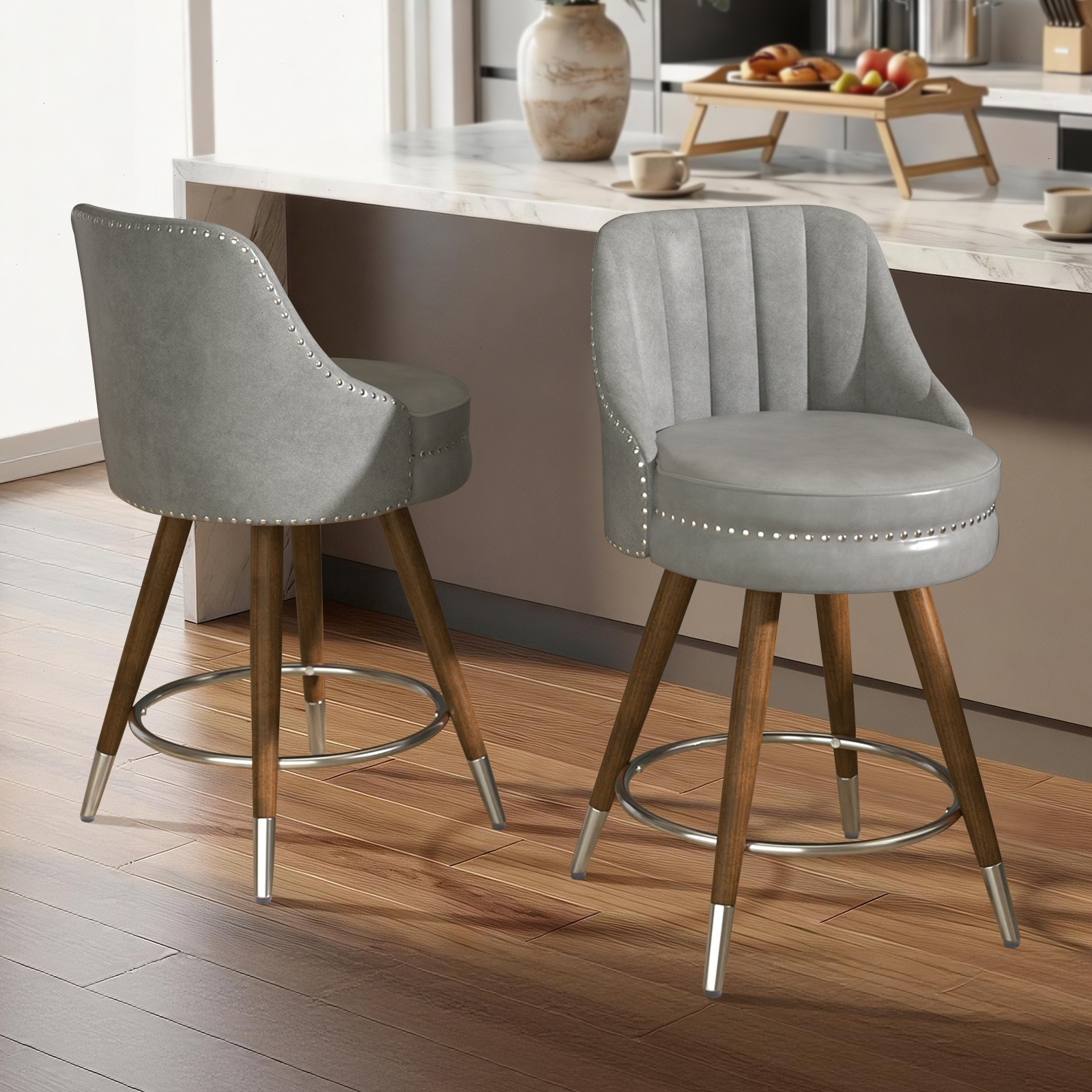 24" Swivel Bar Stools Set of 4 Counter Height Bar Stools PU Kitchen Bar Chairs