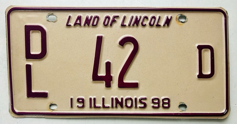Nice Illinois 1998 Dealer License Plate DL 42 D Low Number Pink Purple