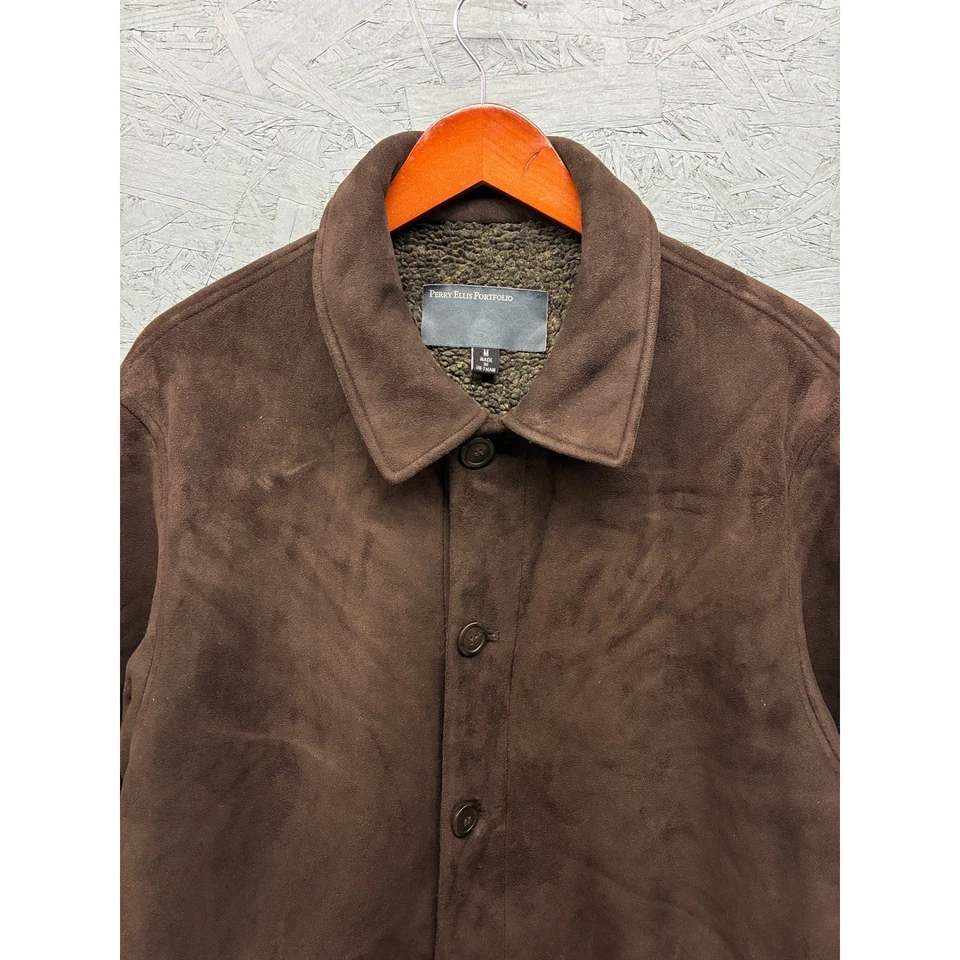 Perry Ellis Portfolio Sherpa Lined Jacket Mens Brown Suede Like Button Up Size M - Image 2 of 4