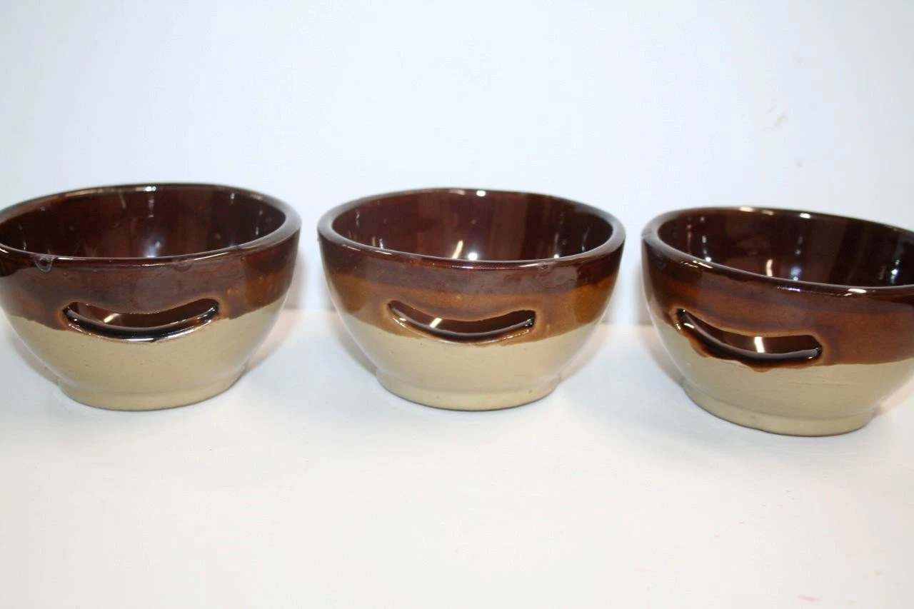 3 Vintage Stoneware Farmhouse Style Brown Dip Glazed Pottery Egg Separators