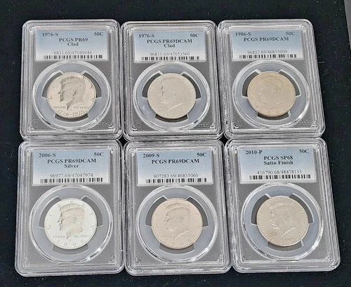 LOT of SIX (6) KENNEDY HALF DOLLARS PCGS PR69 CLAD & SILVER - S, P MINTS