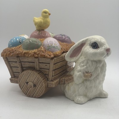 Vintage Hand painted Easter Bunny Pulling A  Easter Egg Cart Cookie Jar, Dirty