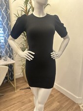 ZARA Black Dress Women Size M/6/8 Ribbed Knit Puff Sleeve Bodycon Sweater Fitted