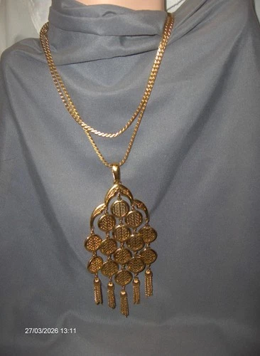 Vintage Crown Trifari Gold Coin Tassel Pendant Necklace 30" Chain Jewelry NICE