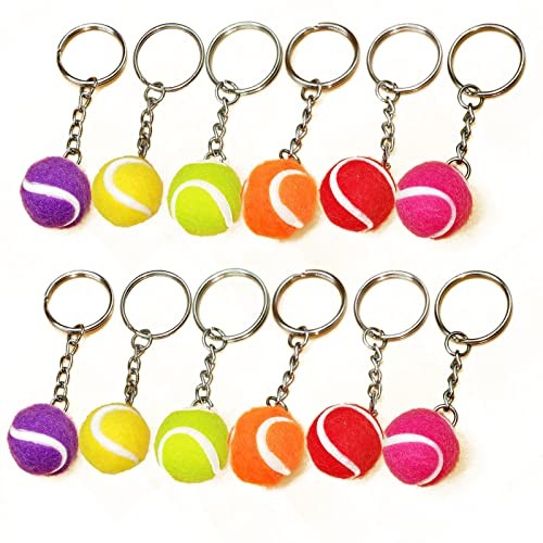 Porte-clés balle de tennis mini accessoire sport en métal jaune lot de 12