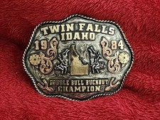 Double Bull Riding Rodeo Champion Trophy Buckle  Twin Falls Idaho  1984  Rare 979