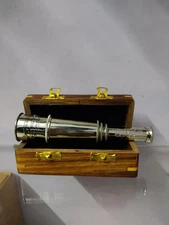 Vintage Chrome Brass Pirate Telescope with Wooden Box