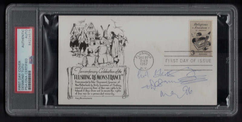 2 DESMOND TUTU SIGNED FIRST DAY COVERS & 1 SIGNED PHOTO ALL PSA/DNA DEALER PRICE