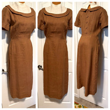 VTG 50's CLASSIC CARMEL BROWN LINEN PENCIL DRESS RAT PACK RETRO SZ- M