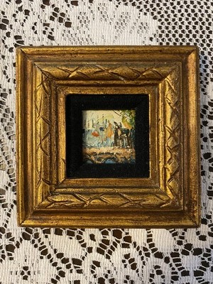 Vintage Miniature Oil On Panel Painting Landscape Bridge Gold Gesso Frame